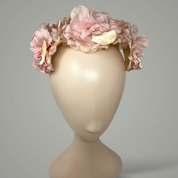 1950s Pink Floral Juliet Cap Bridal Hat Union Made Vintage